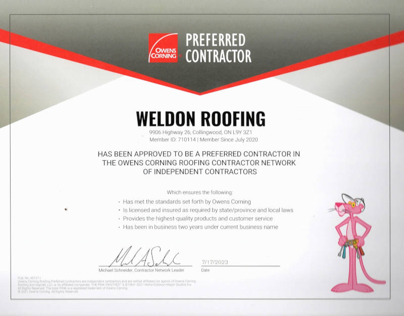 Owens Corning Preferred Contractor Certificate
